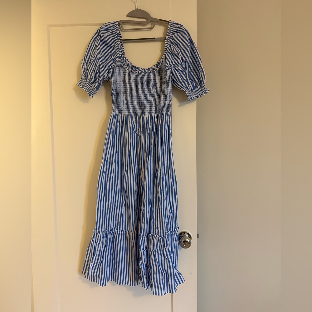 Hill House Blue and White Striped Puff-Sleeve Maxi Dress